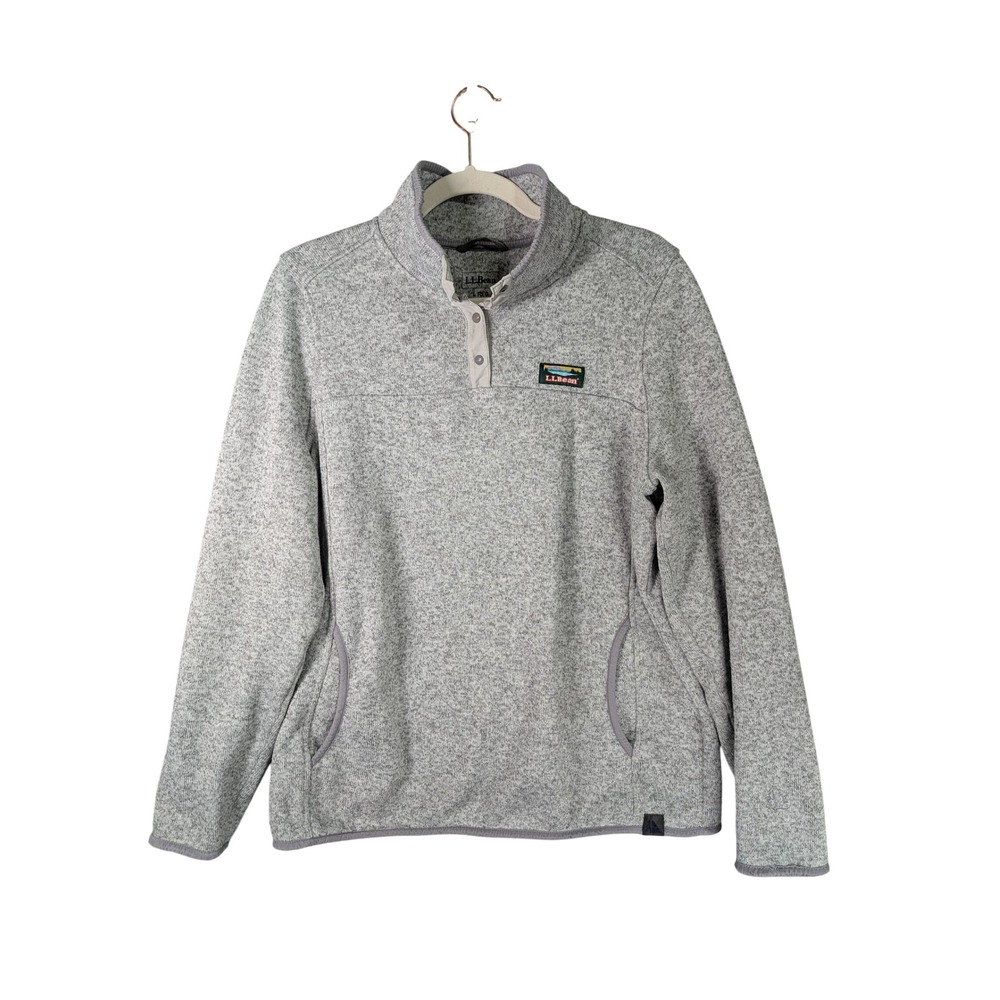 LL Bean Sweater Fleece Womens L Gray Pullover Snap Mock Neck